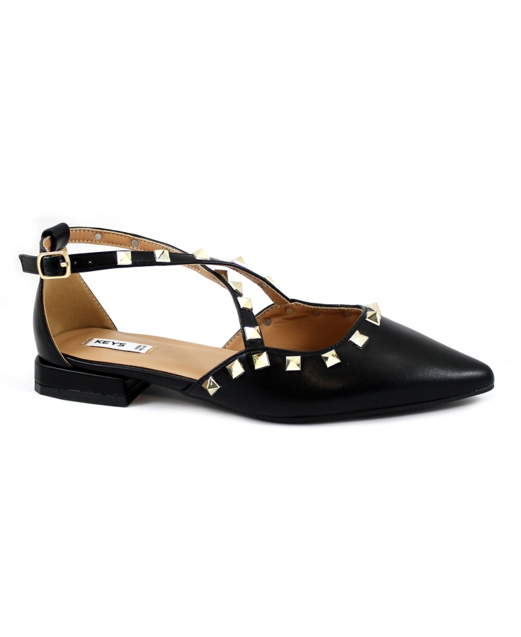 KEYS 10800 black nero scarpe donna ballerina cinturino incrocio borchie punta