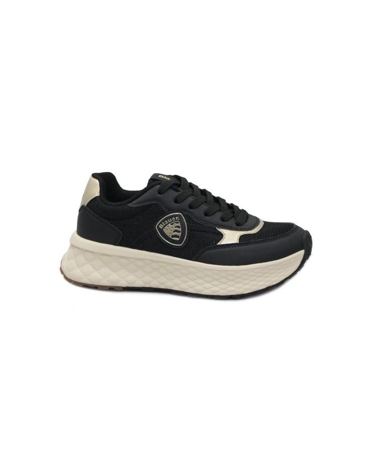 BLAUER LYNN01 black nero scarpe donna sneakers pelle lacci oro