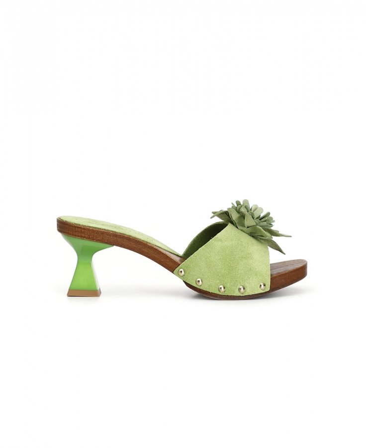 CAFè NOIR FD6002 verde ciabatte donna tacco pelle borchie fiore