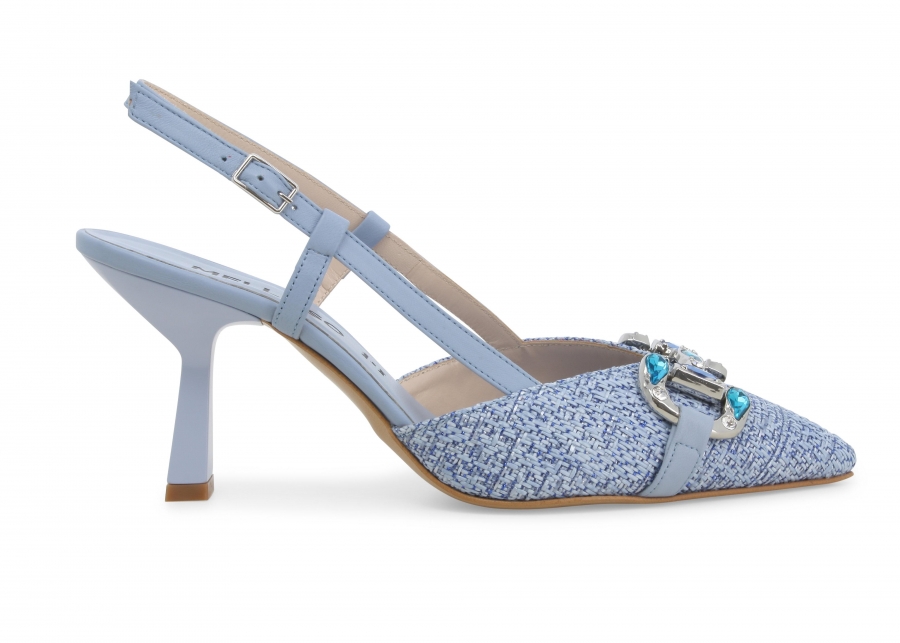 Décolleté slingback donna in pelle e tessuto azzurro e1851