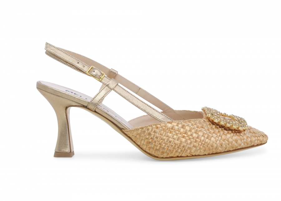 Décolleté donna slingback in tessuto intreccio e pelle platino e1675zv
