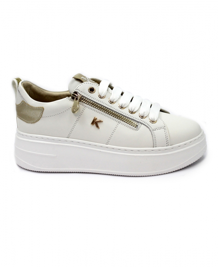 KEYS 10520 white beige bianco scarpe sneakers donna lacci zip platform