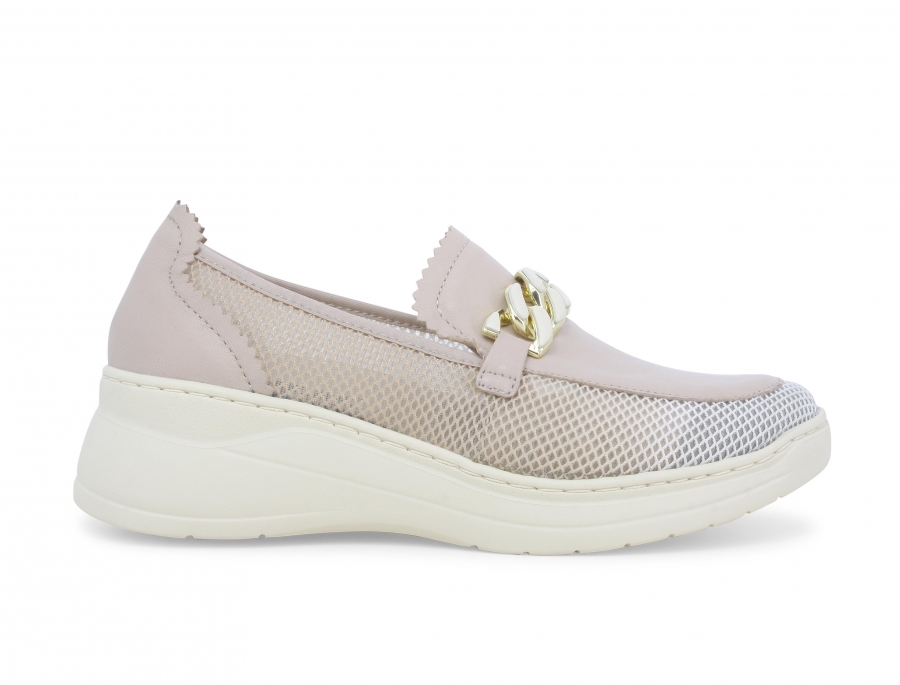 Mocassino donna in pelle e tessuto beige k55448