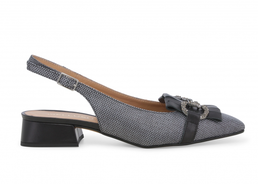 Décolleté slingback donna tessuto e pelle nero v703