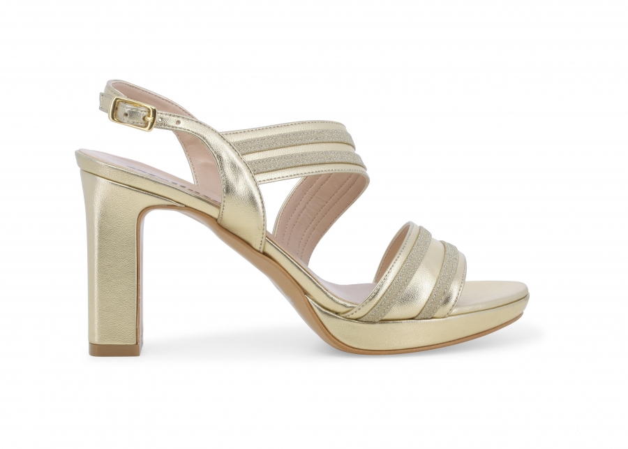 Sandalo donna in tessuto laminato oro j648z