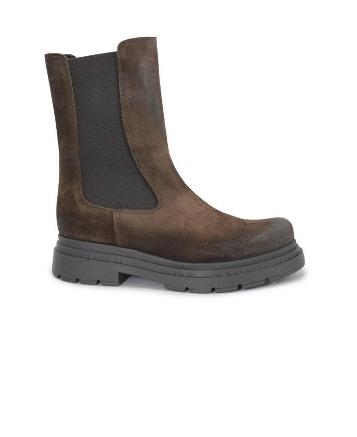 DIVINE FOLLIE SAL215 testa di moro marrone scarpe donna anfibio combat boot elastico zip camoscio