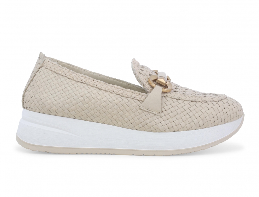 Sneakers mocassino donna in pelle intreccio beige r20090