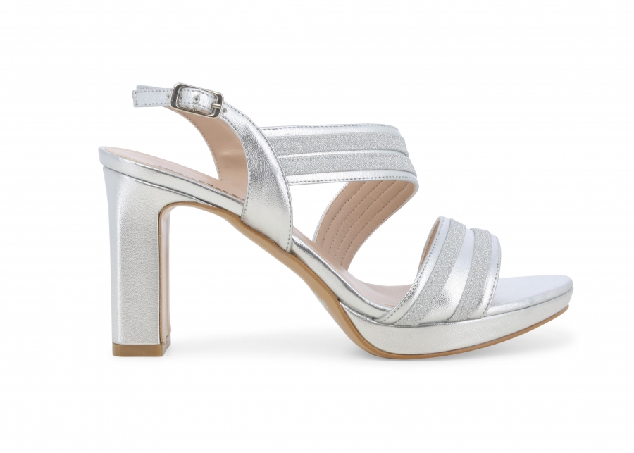 Sandalo donna in tessuto laminato argento j648z