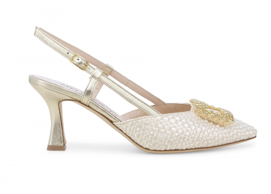 Décolleté donna slingback in tessuto intreccio e pelle beige e1675zv