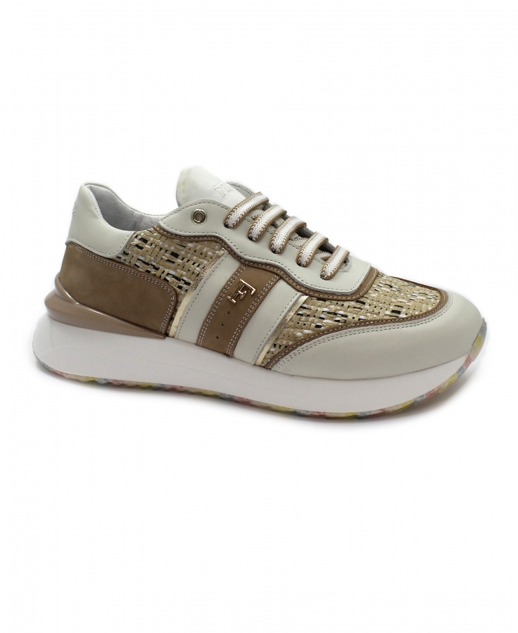 FERRE F100 avorio nocciola gold bianco beige scarpe sneakers donna lacci pelle